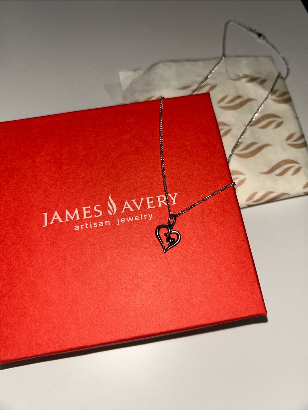 James Avery Silver Open Double Heart Necklace with Red Box